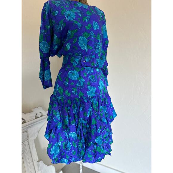 Gillian Women’s 4 Dress Purple Blue Green Silk Ruffle Floral Belted 80s Vintage - Picture 3 of 4